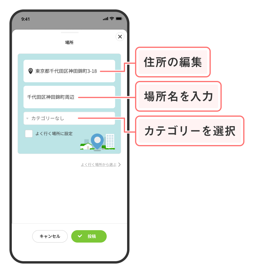 ★画像３（場所の編集画面。「住所の編集」「場所名を入力」「カテゴリーを選択」に吹き出し）★.jpg